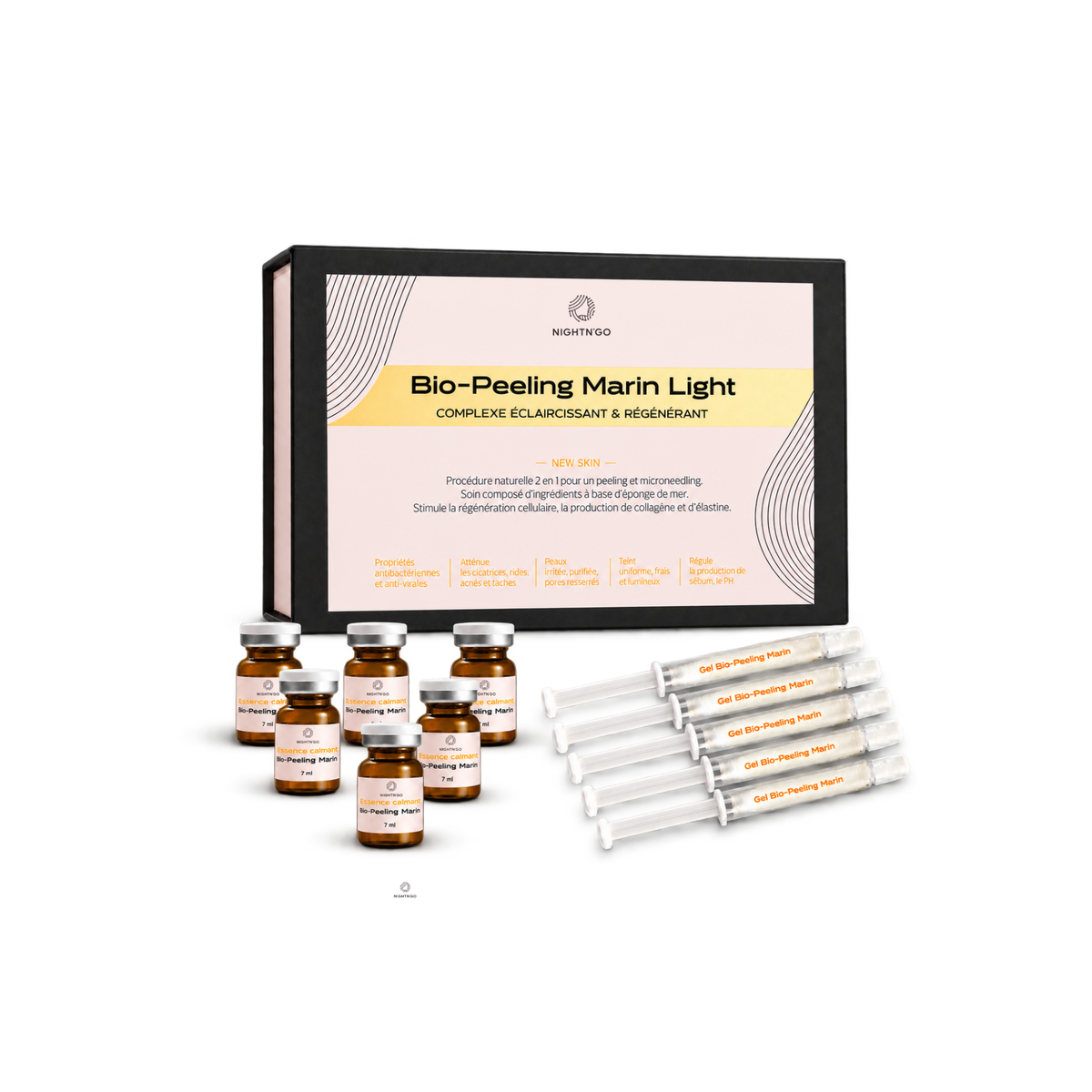 Biopeeling Needle Marin Light Nightngo, peeling doux aux spicules marines favorisant le renouvellement cutanée, l'exfoliation et l'éclat du teint. Idéal pour affiner le grain de peau et atténuer les imperfections