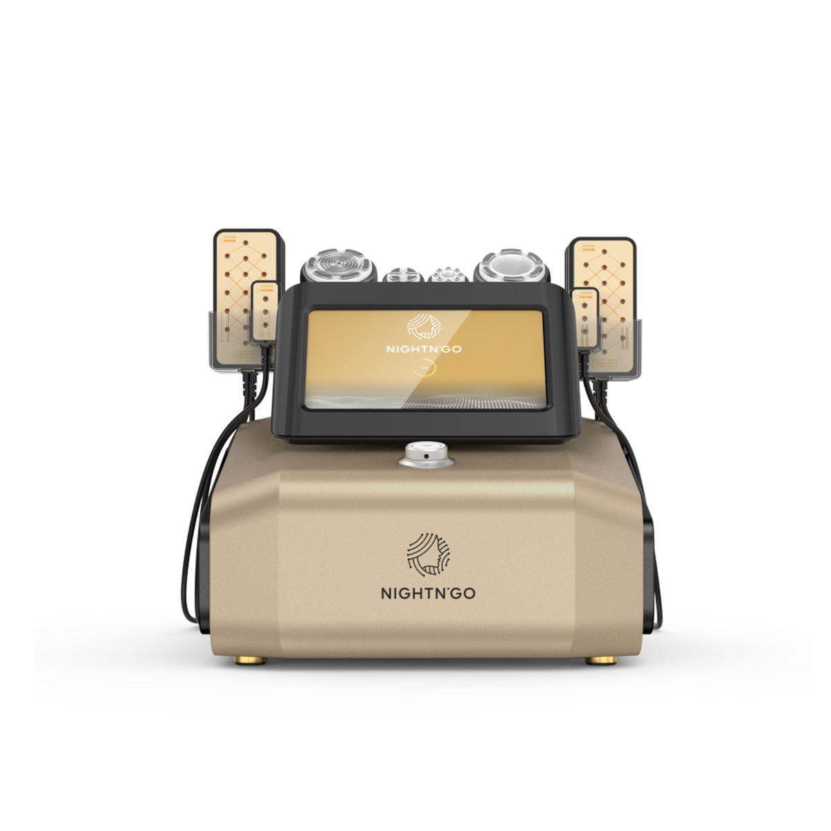 Appareil esthétique professionnel Ultime 6-en-1 Nightn’go, vue de face, combinant cavitation, radiofréquence, vacuum, EMS, électrolipolyse et lipolaser pour les soins du visage et du corps.
