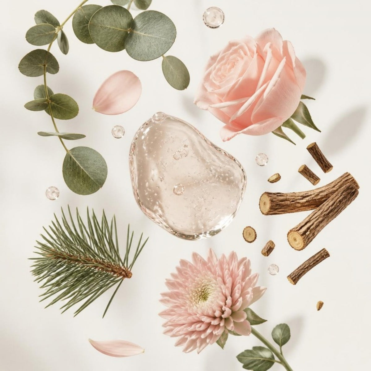 Ingrédients naturels du masque carboxythérapie - eucalyptus, rose, réglisse, pin, rendu 3D