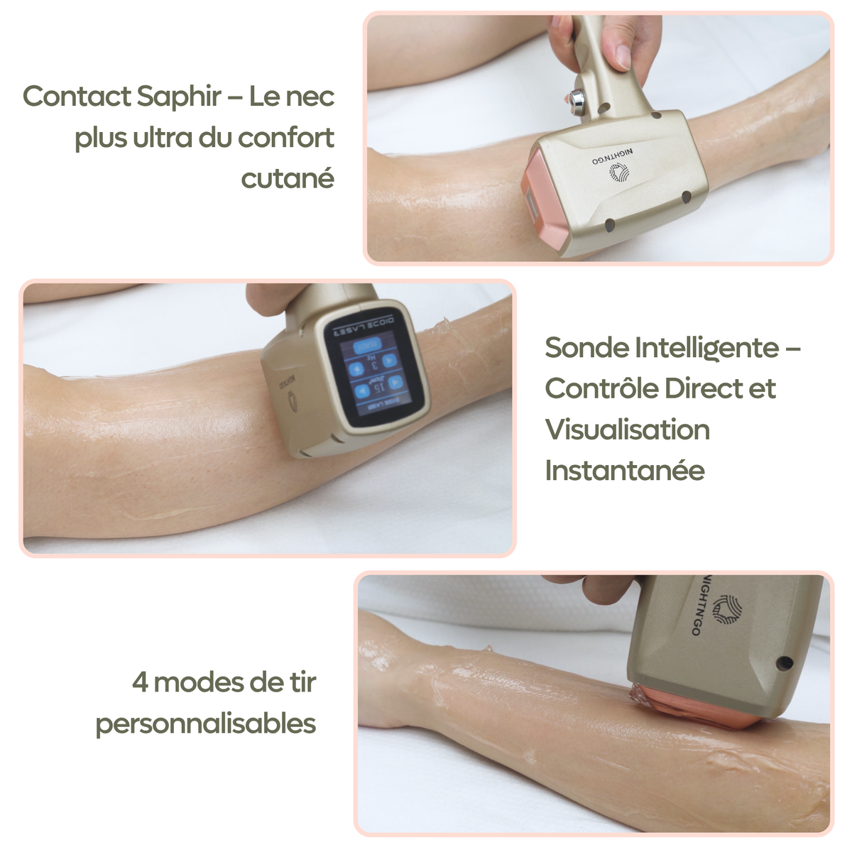 Machine épilation laser diode. Sonde laser avec réglages directs et affichage intégré, technologie quadri-onde 755 nm, 808 nm, 940 nm et 1064 nm.