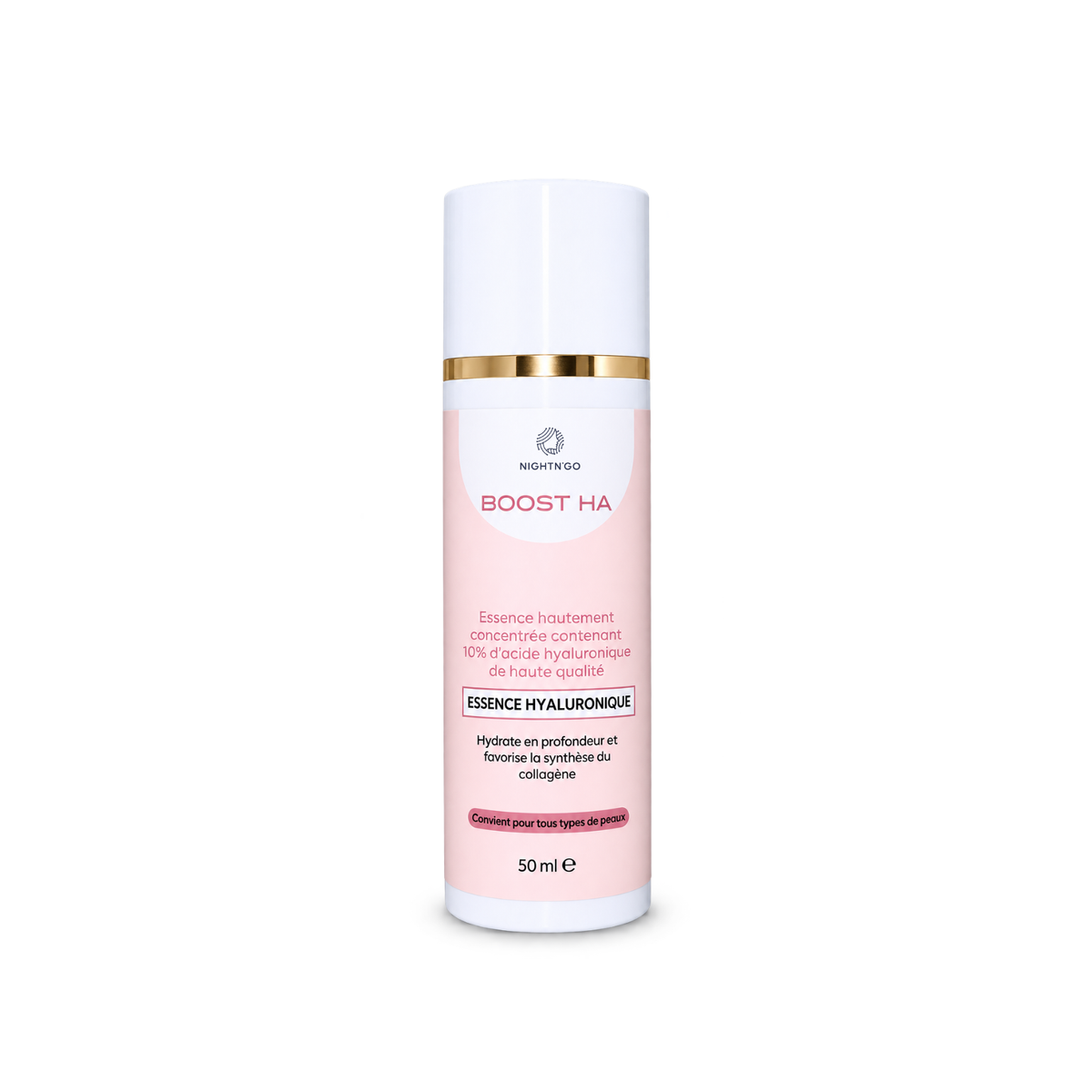 Essence Boost HA Nightn'go 50ml, soin hydratant concentrée à 10% d'acide hyaluronique, conçu pour hydrater et favoriser la synthèse du collagène