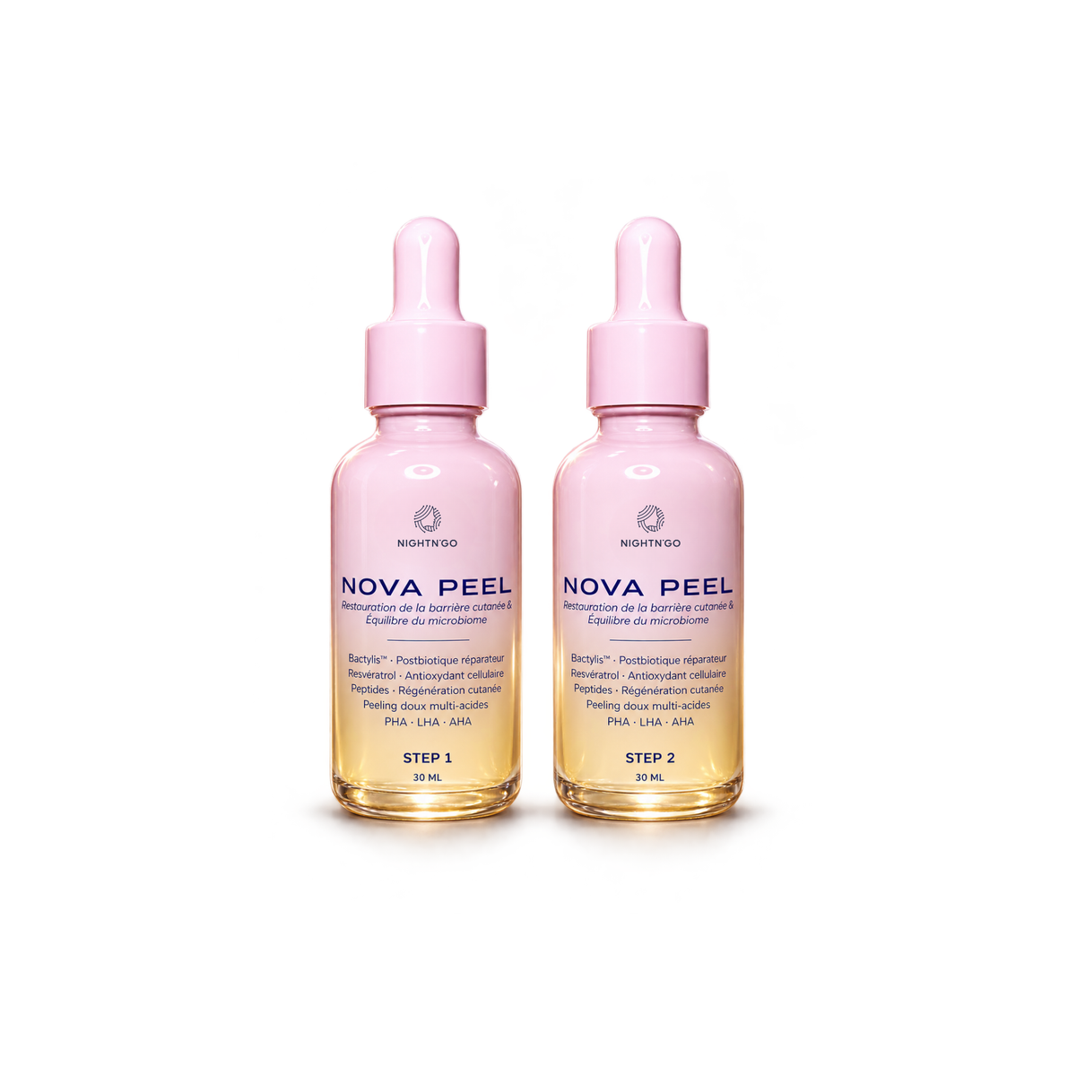 Duo Nova peel Nightn'go composé des sérums Step 1 et step 2, un soin peeling doux agissant en profondeur, aide à réstaurer la barrière cutanée