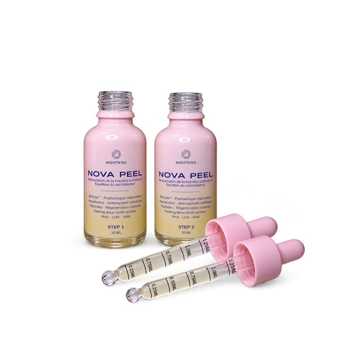 Duo Nova peel Nightn'go composé des sérums Step 1 et step 2, un soin peeling doux agissant en profondeur, aide à réstaurer la barrière cutanée