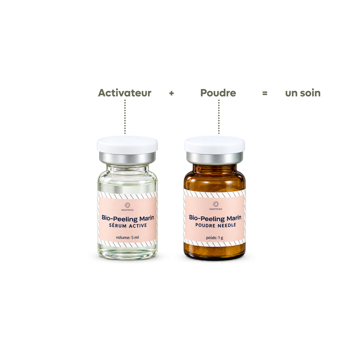 Biopeeling Needle Marin Power Nightn'go composé d'un sérum activateur de 5ml et d'une poudre aux spicules marines de 1g. Peeling professionnel favorisant le renouvellement cutané, l'éxfoliation et l'amélioration du grain de peau