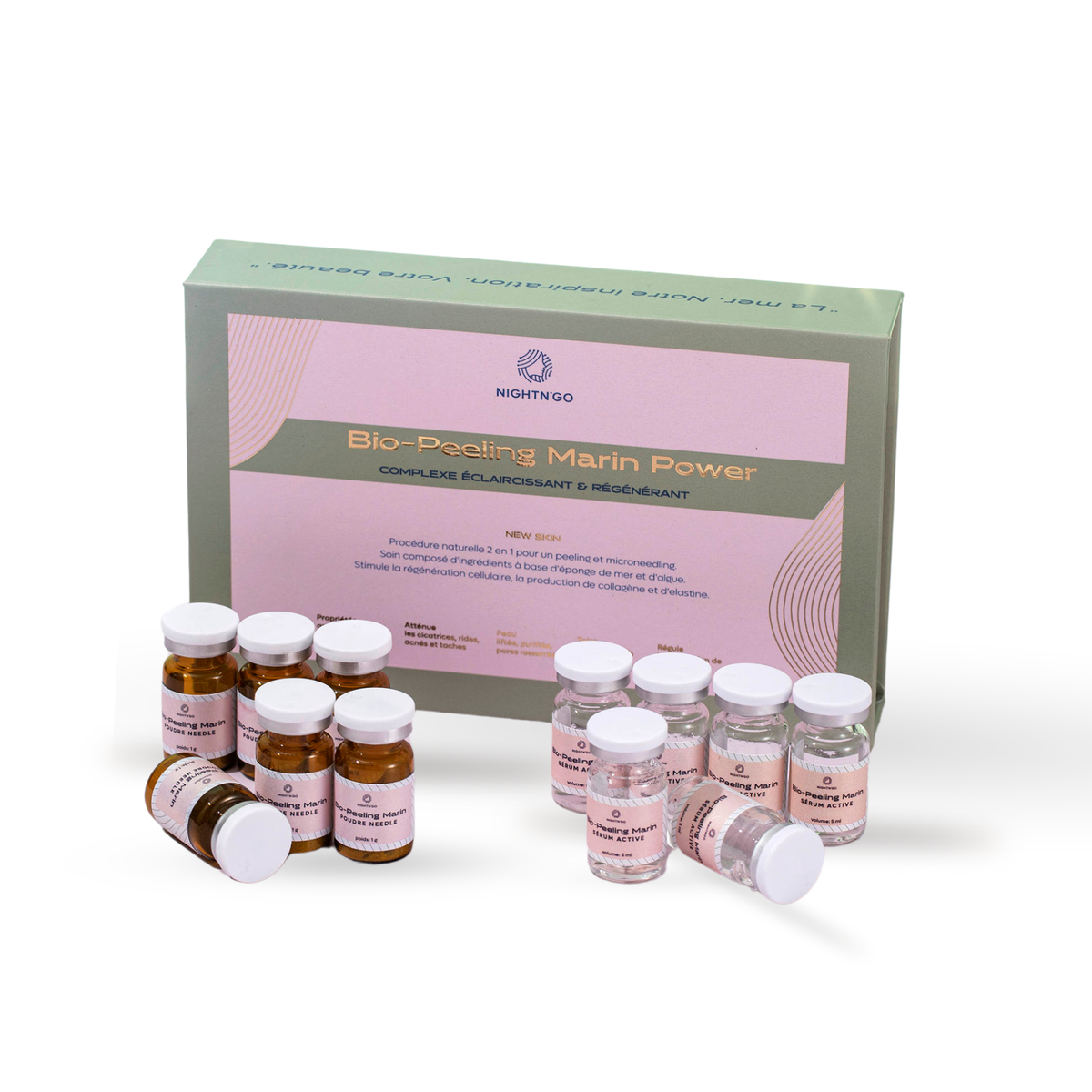 Biopeeling Needle Marin Power Nighn'go, peeling professionnel aux spicules marines qui favorise le renouvellement cutané, affine le grain de peau et aide à attenuer les imperfections, les taches pigmentaires et les irrégularités du teint