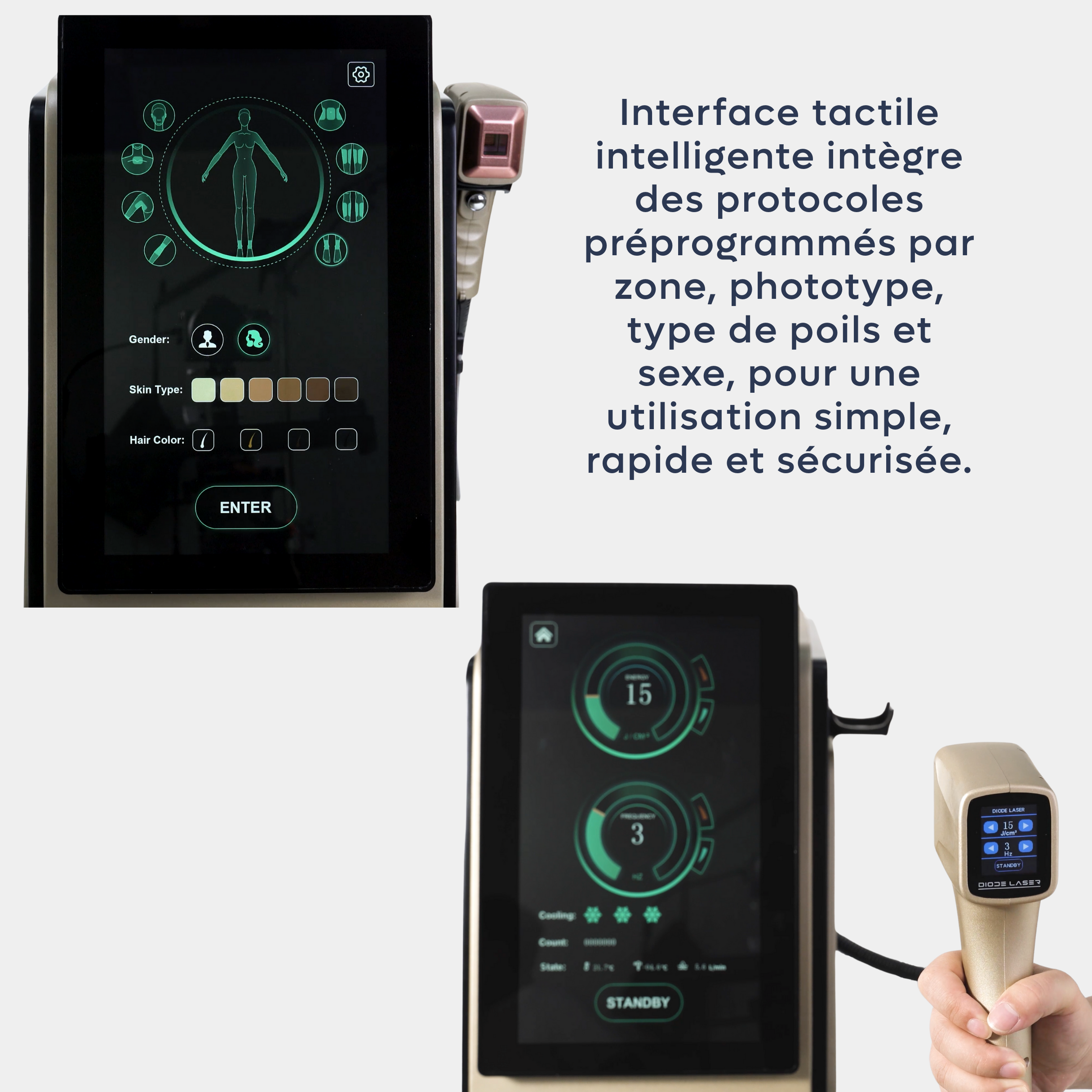 Machine épilation laser diode. Sonde laser avec réglages directs et affichage intégré, technologie quadri-onde 755 nm, 808 nm, 940 nm et 1064 nm.