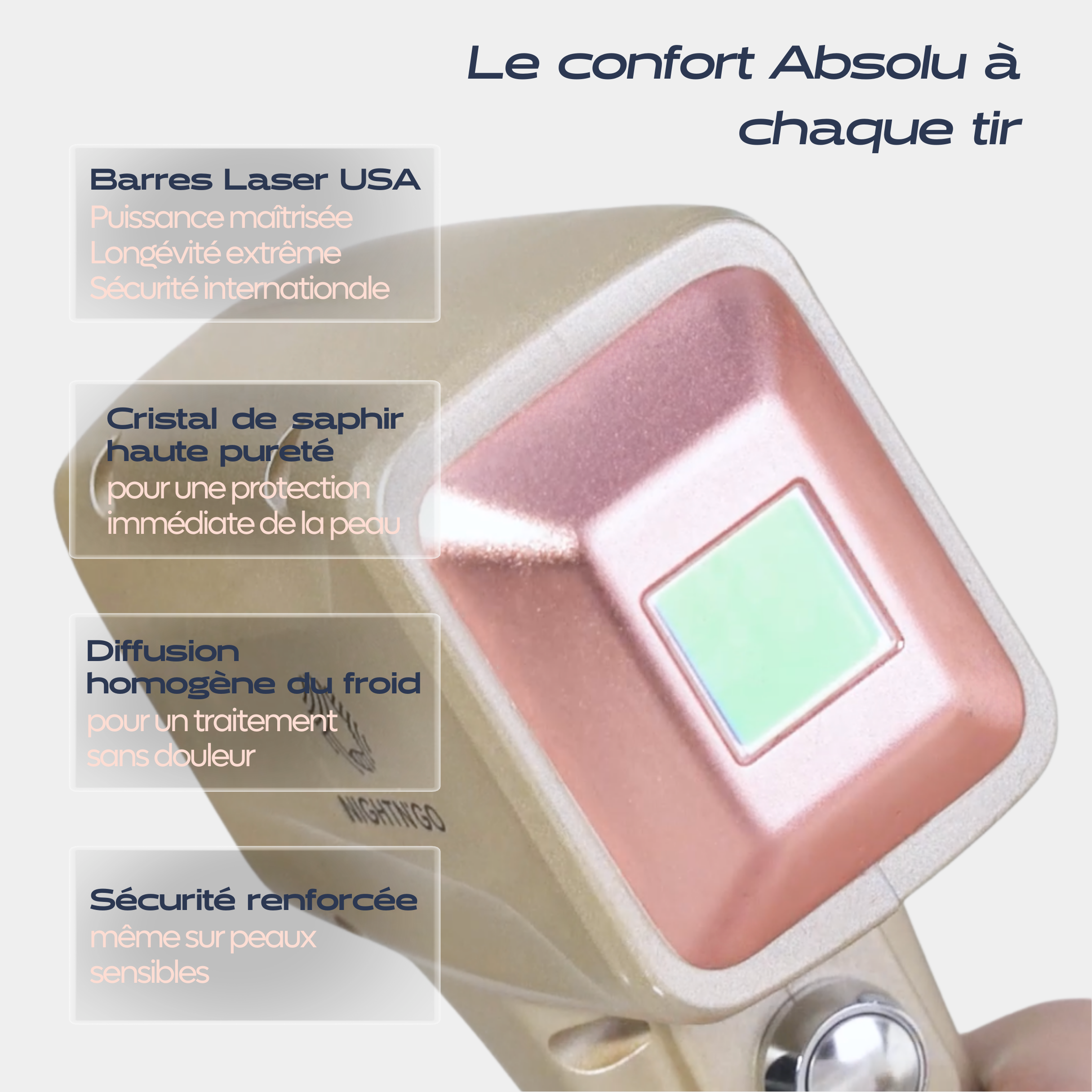 Sonde d'épilation laser haut de gamme avec cristal de saphir pour refroidissement instantané et confort optimal.