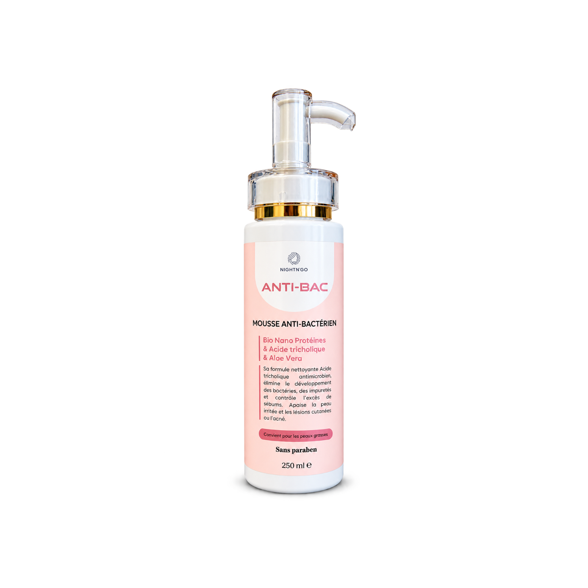 Mousse nettoyante anti-bactérienne ANTI- BAC Nightn'go 250ml, enrichie en Aloe Vera et Bio Nano Protéines, idéale pour nettoyer les peaux rasses, éliminer les impuretés et aider à réguler l'excès de sébum