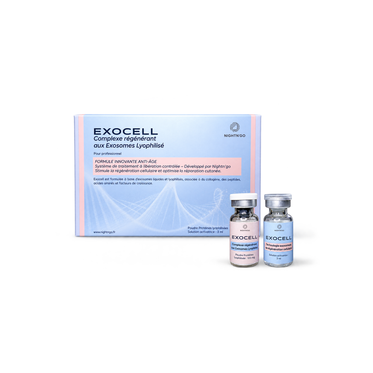 Boite Exocell Nightn'go, complexe régénérant aux exosomes lyophilisés, accompagné de deux flacons : poudre lyophilisée et solution activatrice 3ml