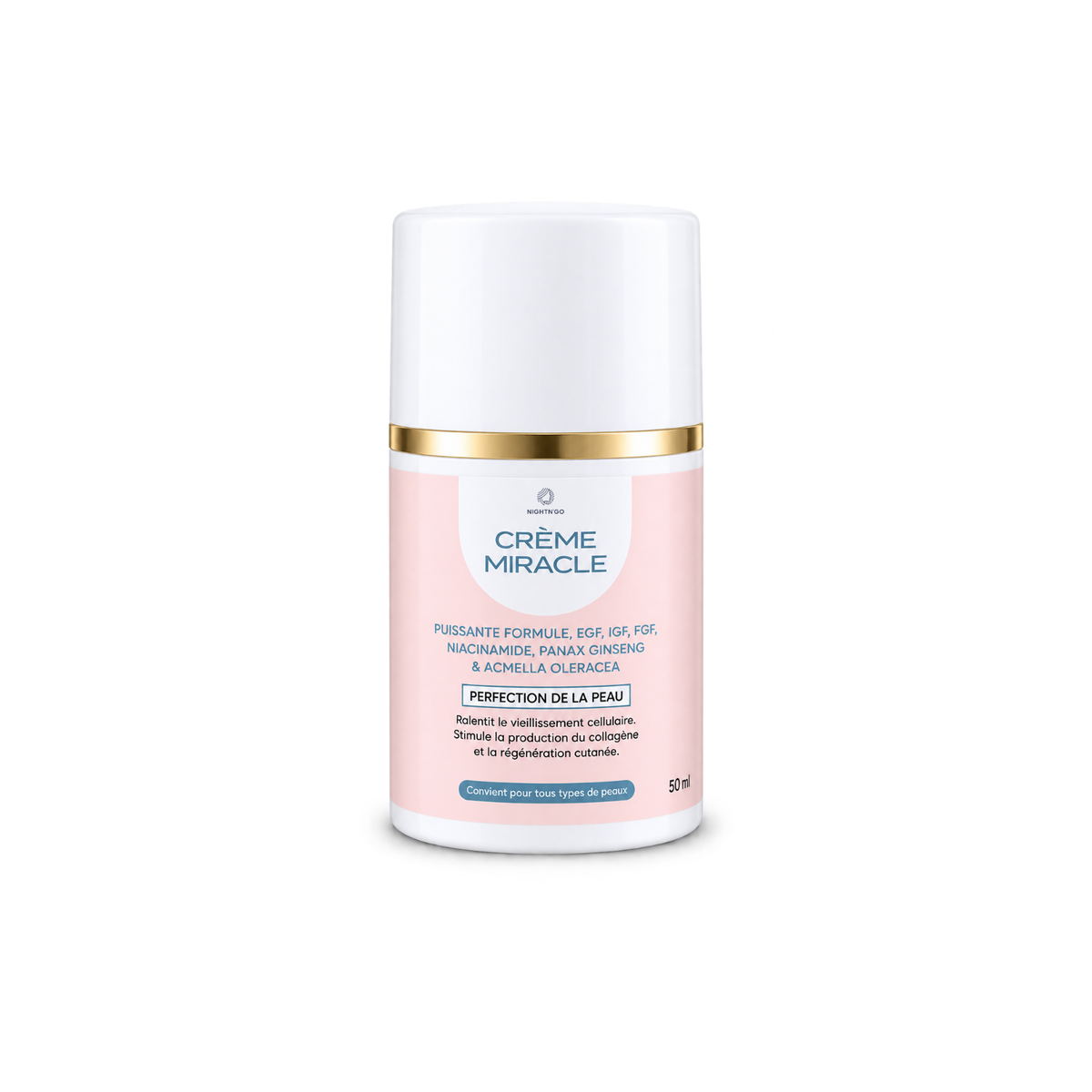 Crème Miracle Nightn'go 50ml, soin visage à la niacinamide, aux facteurs de croissance EGF,IGF, et FGF, aux Panax Gigens et Acmella Oleracea, aide a ralentir les signes de vieillissement cutané et à favoriser la production de collagène. 