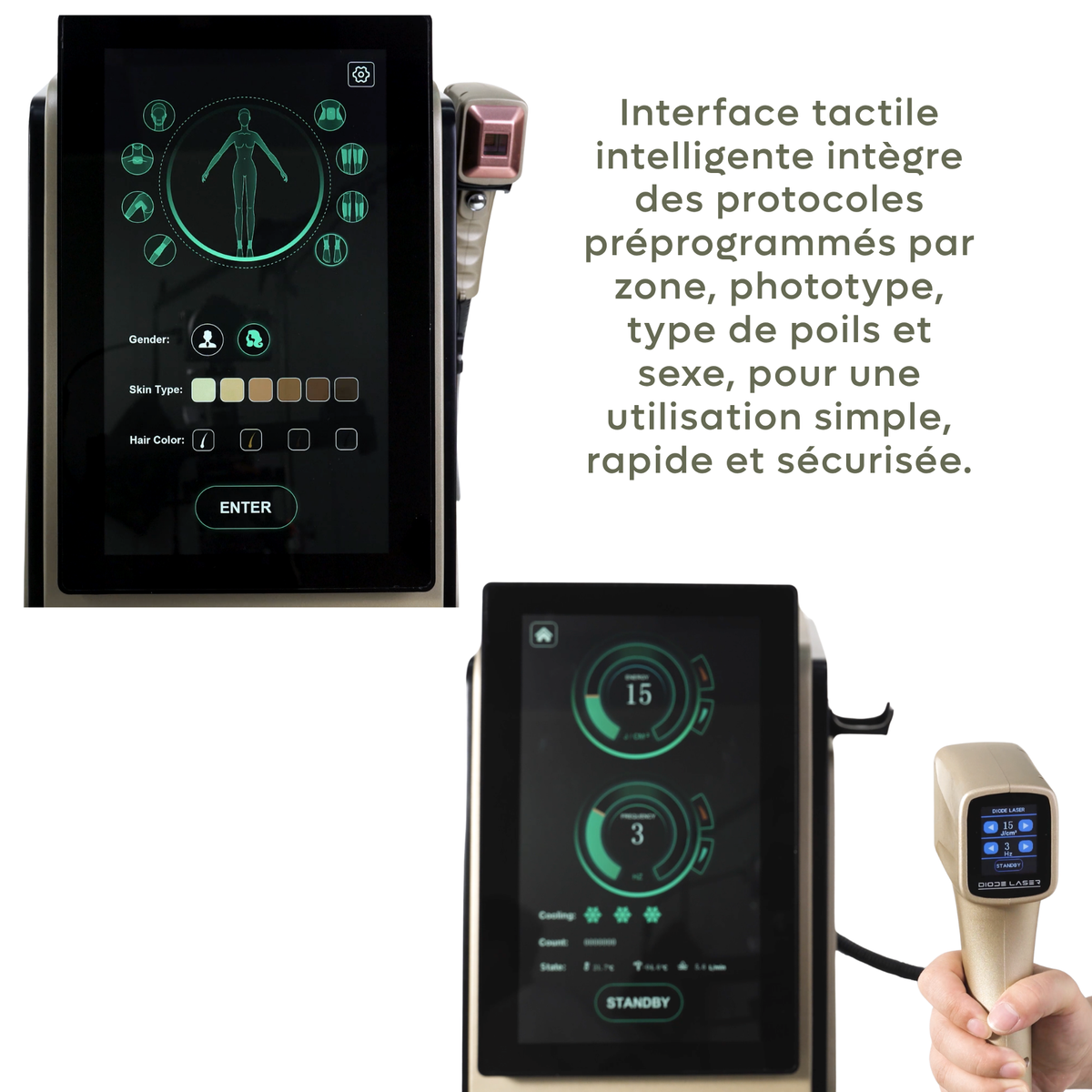 Machine épilation laser diode. Sonde laser avec réglages directs et affichage intégré, technologie quadri-onde 755 nm, 808 nm, 940 nm et 1064 nm.