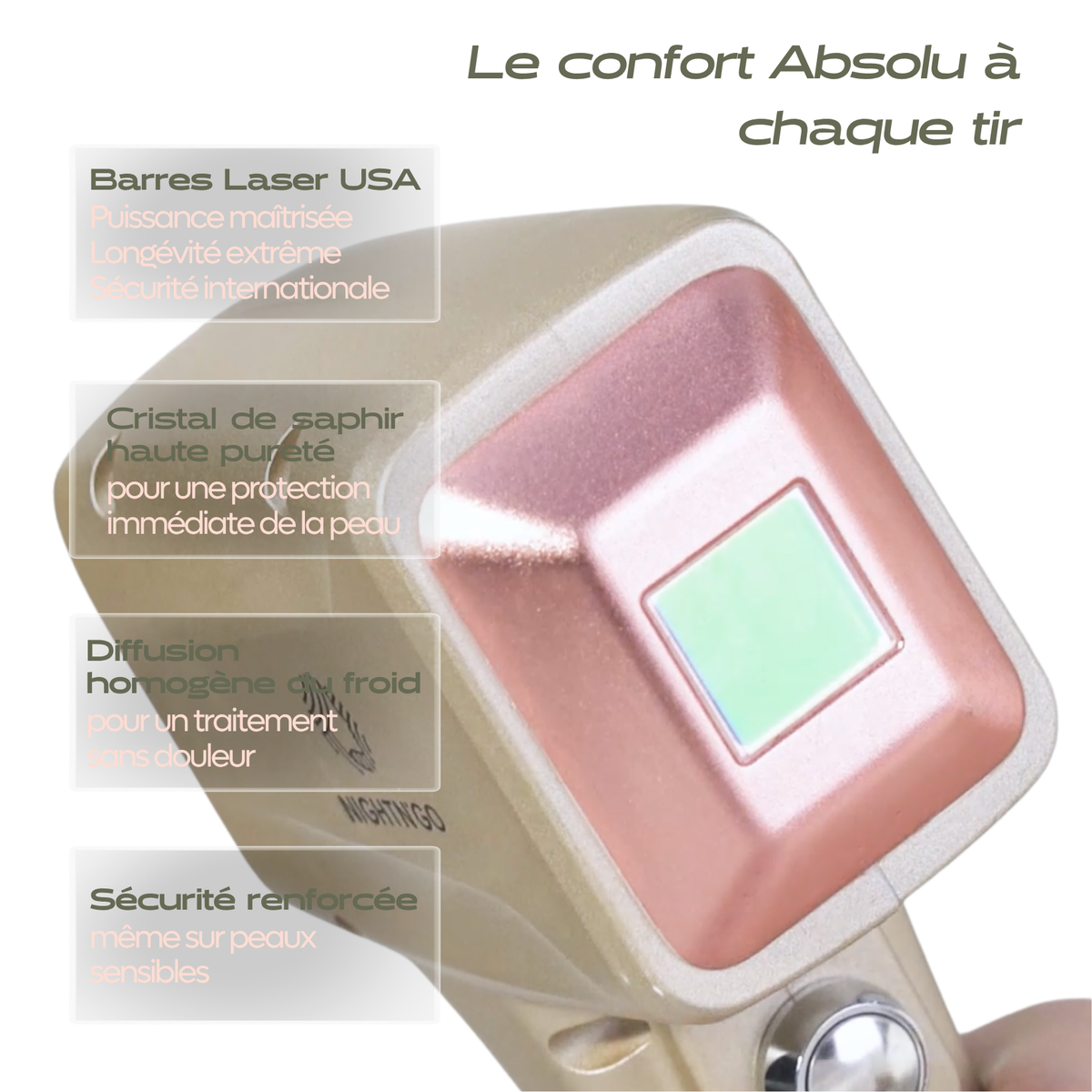 Machine épilation laser diode. Sonde laser avec réglages directs et affichage intégré, technologie quadri-onde 755 nm, 808 nm, 940 nm et 1064 nm.