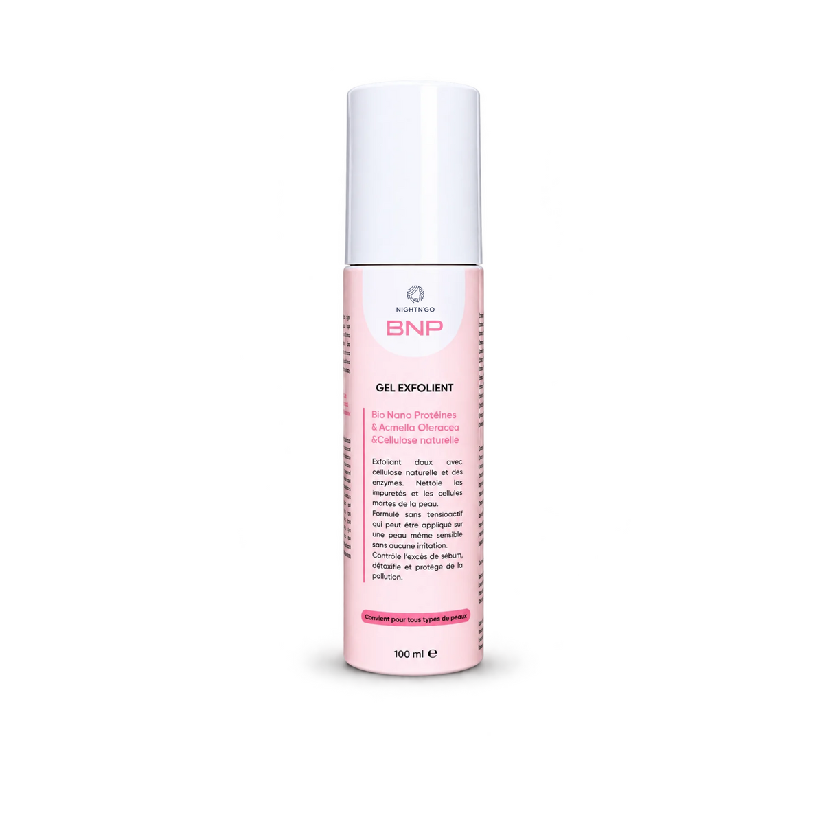 Gel exfoliant BNP 100ml Nightn'go à la celluose naturelle et aux enzymes, pour exfolier en douceur, éliminer les cellules mortes et nettoyer les pores du visage.