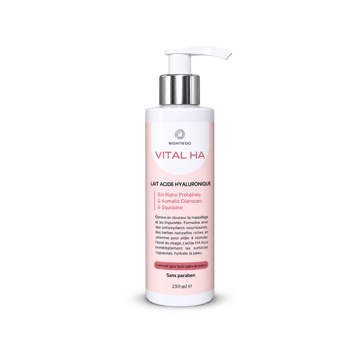 Lait nettoyant Vital HA à l'acide hyaluronique Nightn'go 250ml, enrichi en squalane et Acmella Oleacea, pour nettoyer, hydrater et adoucir la peau