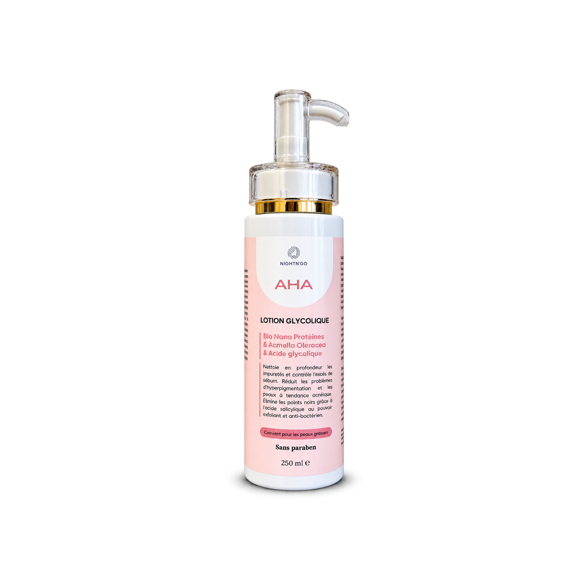 Nettoyant AHA Nightn'go, nettoie en profondeur reduit les problemes d'hyperpigmentation et les peaux à tendance acneique