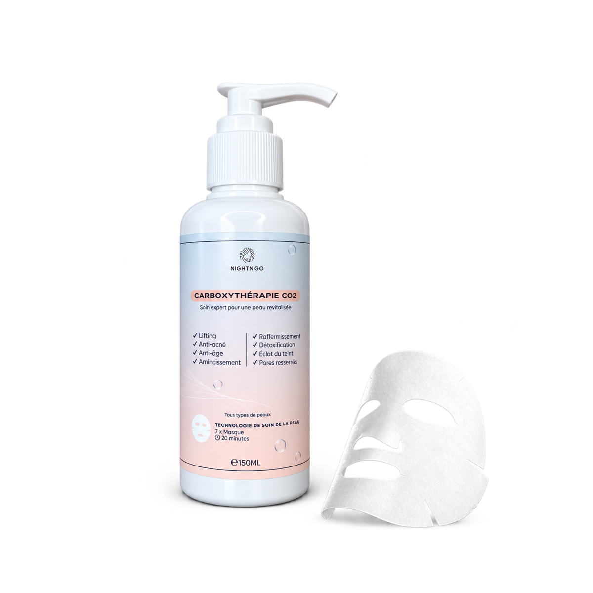 Flacon de carboxythérapie CO2 Nightn'go accompagné de son masque en cellulose, un soin visage conçu pour raviver l'éclat du teint et revitaliser la peau
