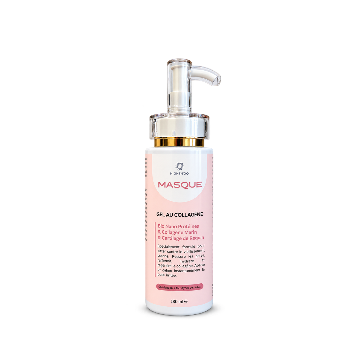 Masque gel au collagène Nightn’go 180 ml, enrichi en collagène marin, Bio Nano Protéines et cartilage de requin. Soin visage hydratant et raffermissant qui aide à apaiser la peau et à atténuer les signes du vieillissement cutané. Convient à tous les types de peau.