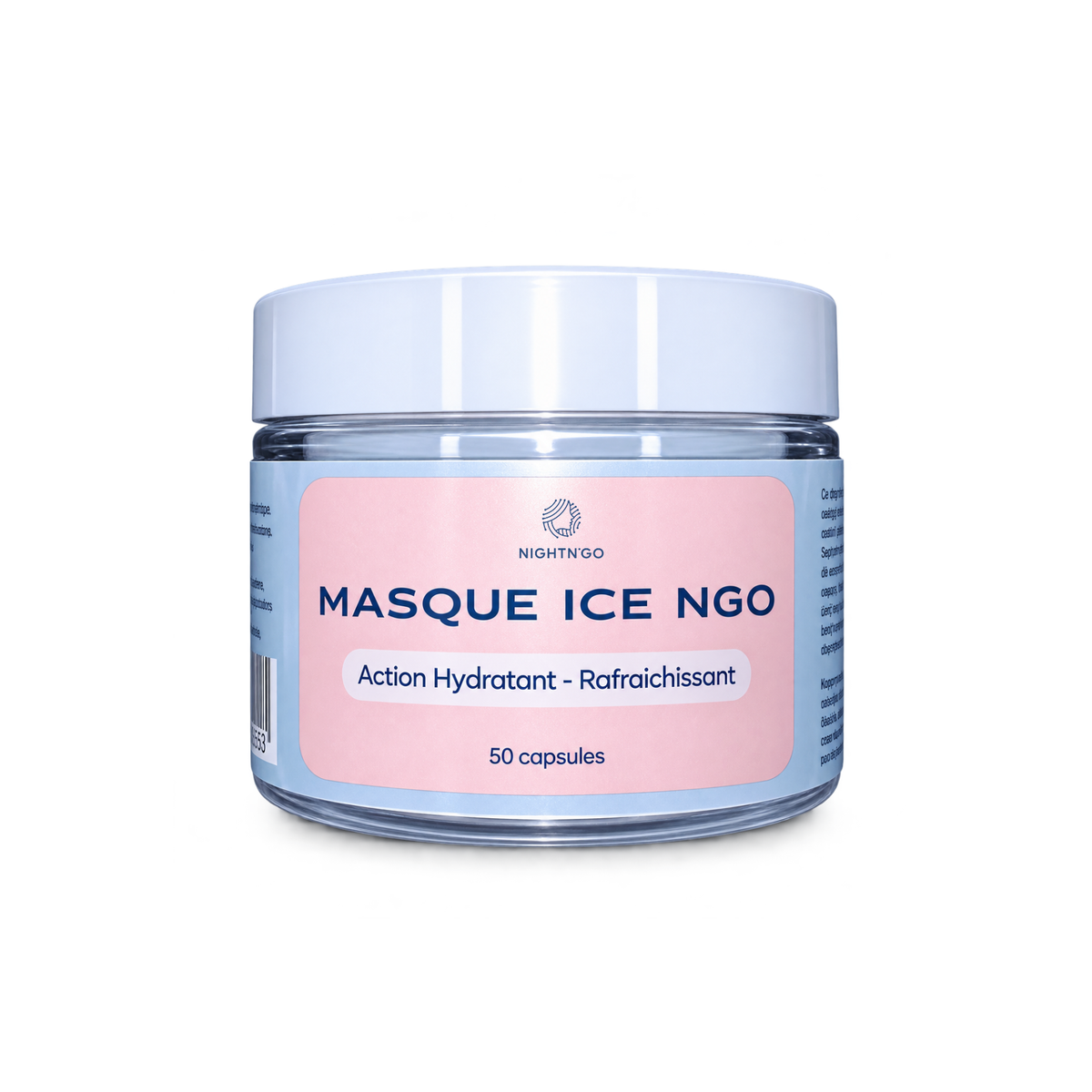 Masque Ice Ngo en pot 50 capsuls bleues et blanches, soin visage hydratant, rafraichissant et apaisant, idéal pour calmer la peau après les soins esthétiques