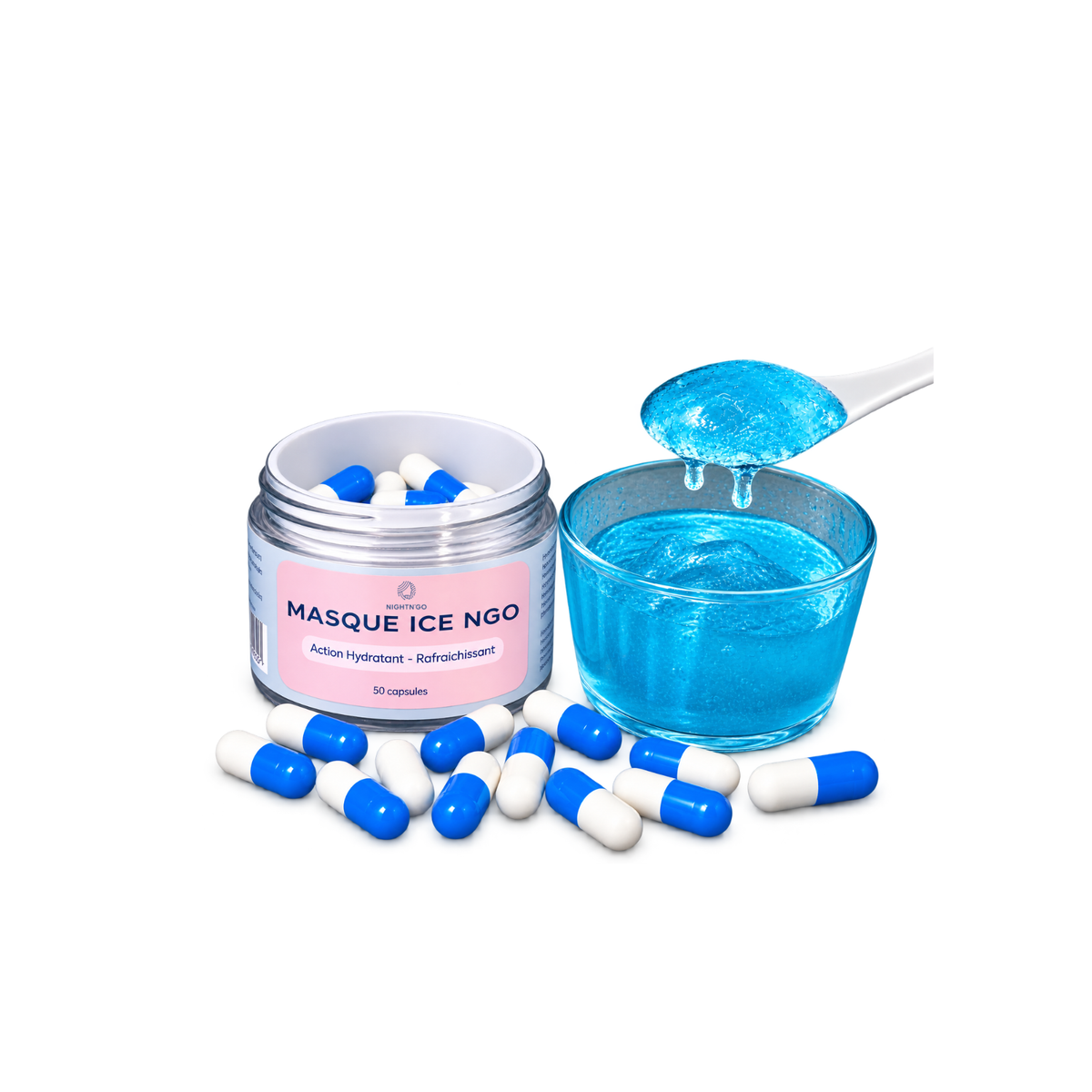 Masque Ice Ngo en pot 50 capsuls bleues et blanches, soin visage hydratant, rafraichissant et apaisant, idéal pour calmer la peau après les soins esthétiques