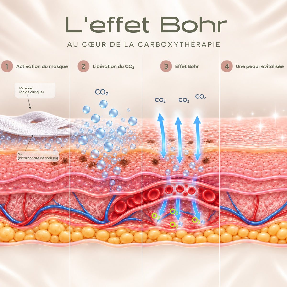 Réaction de carboxythérapie CO₂ sur la peau : libération du dioxyde de carbone pendant la pose du masque