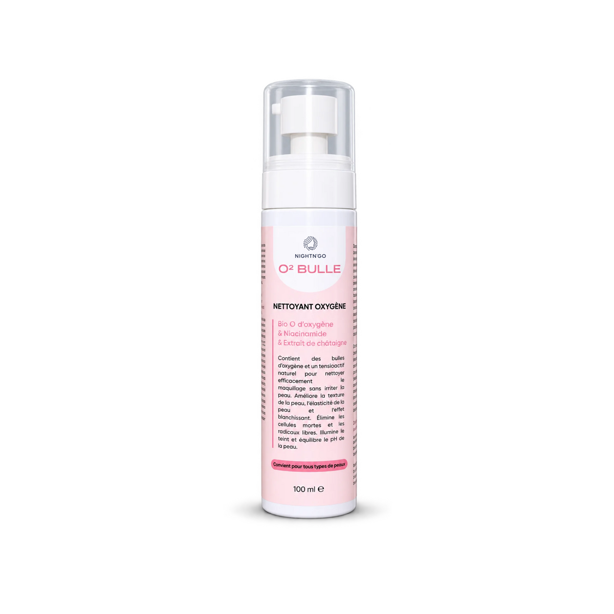 Nettoyant oxygéné O2 bulles 100ml Nightn'go à la niacinamide et à l'extrait de châtaigne, aide à éliminer les impuretés et les cellules mortes pour une peau nette et lumineuse