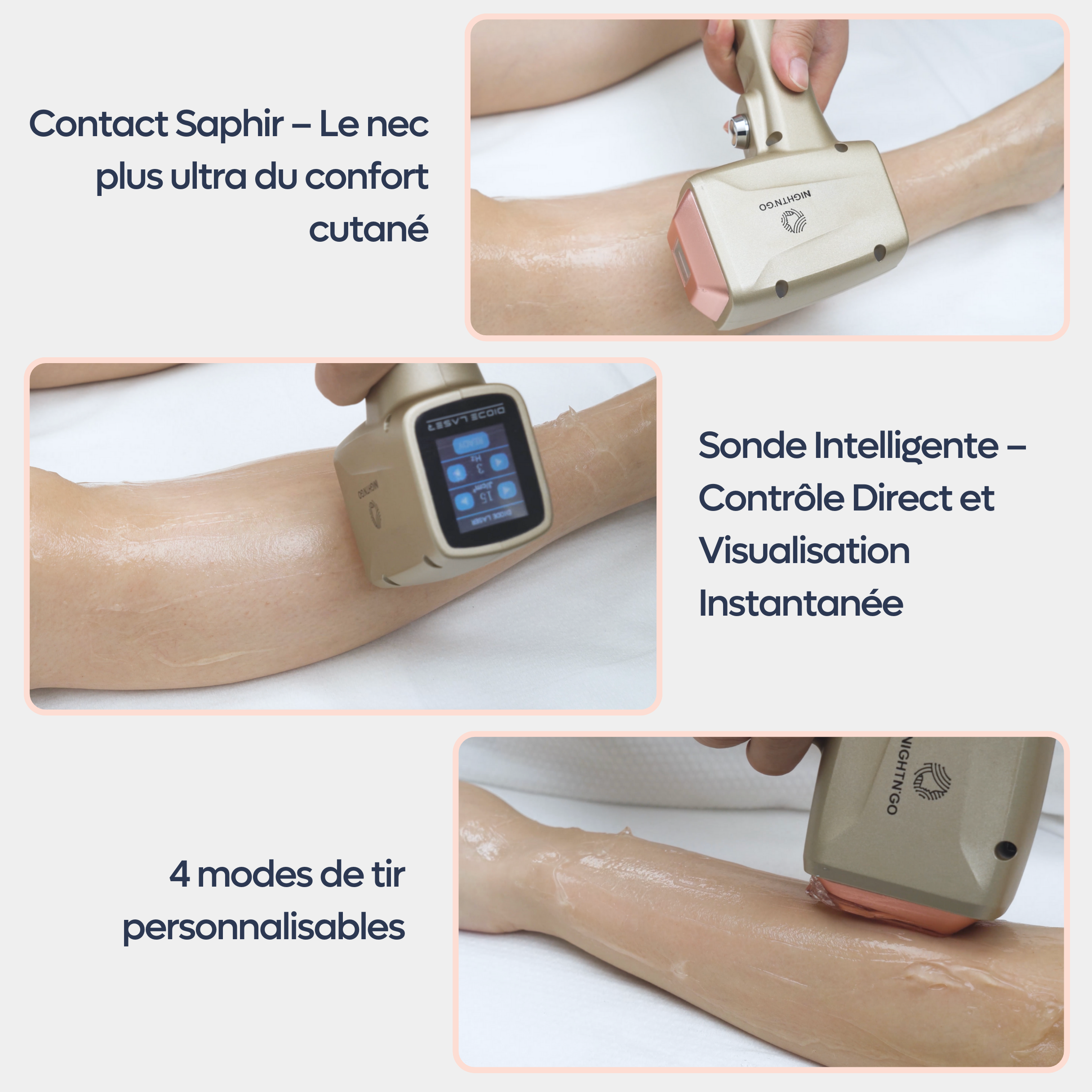 Technologie de refroidissement par saphir sur appareil d'épilation laser professionnel, protection de la peau et traitement indolore.