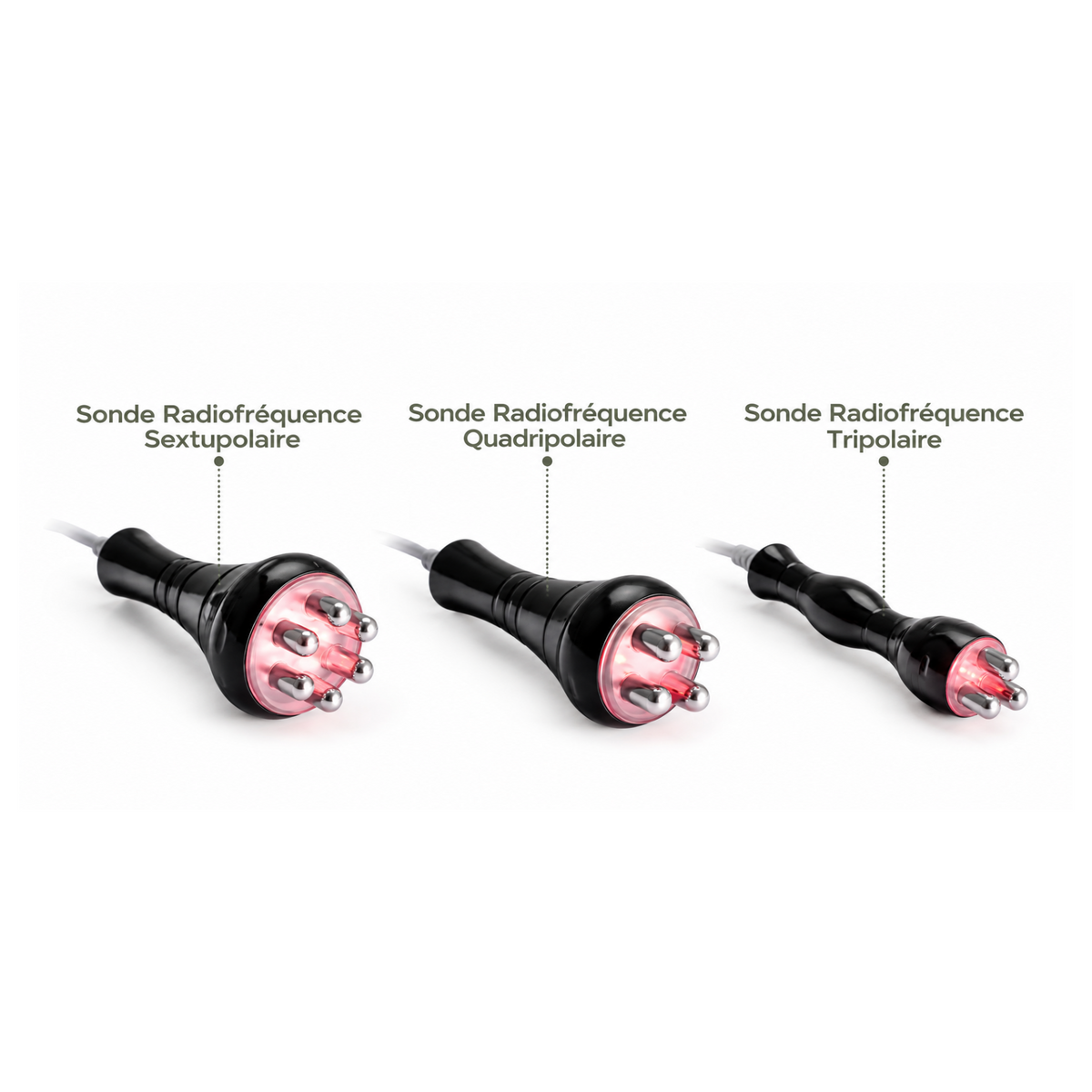sondes radiofréquence sextupolaire,quadripolaire et tripolaire de l'appareil Super Nightn'go, pour les soins esthétiques du visage et du corps