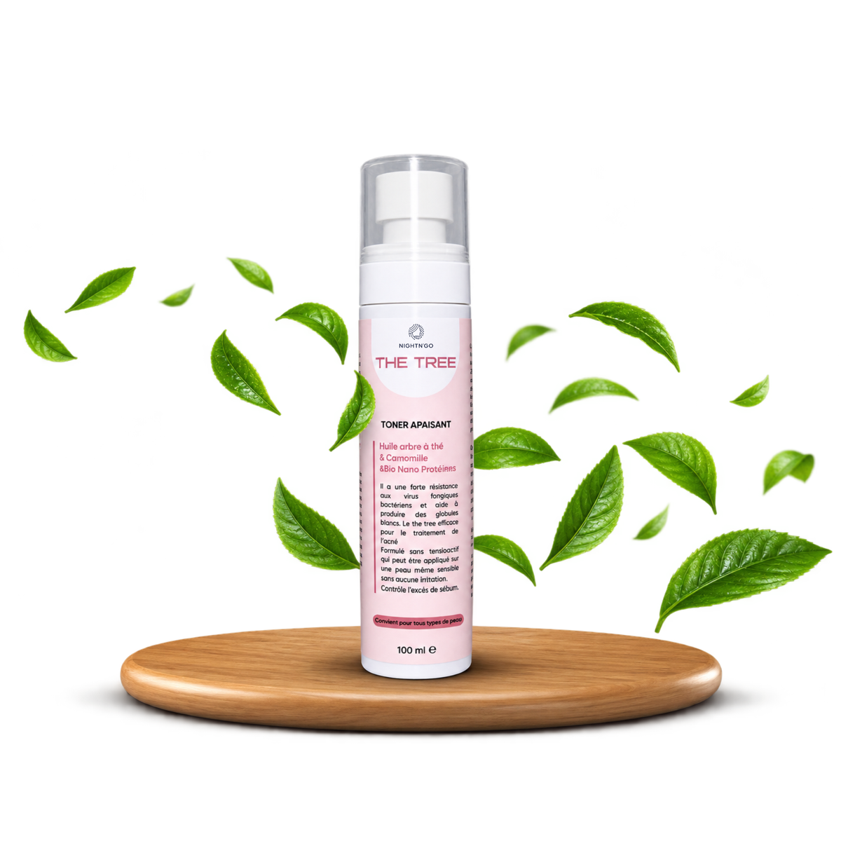 Toner apaisant The Three Nightng'go 100ml, à l'arbre à thé, camomille et aux bio nano protéines, conçu pour apaiser la peau et aider à réguler l'excèes de sébum