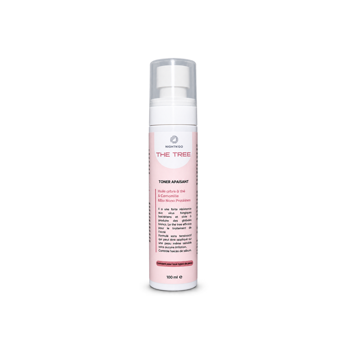 Toner apaisant The Three Nightng'go 100ml, à l'arbre à thé, camomille et aux bio nano protéines, conçu pour apaiser la peau et aider à réguler l'excèes de sébum