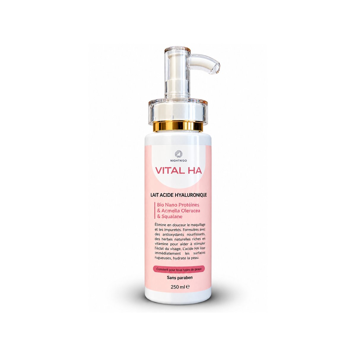Lait nettoyant Vital HA à l'acide hyaluronique Nightn'go 250ml, enrichi en squalane et Acmella Oleacea, pour nettoyer, hydrater et adoucir la peau